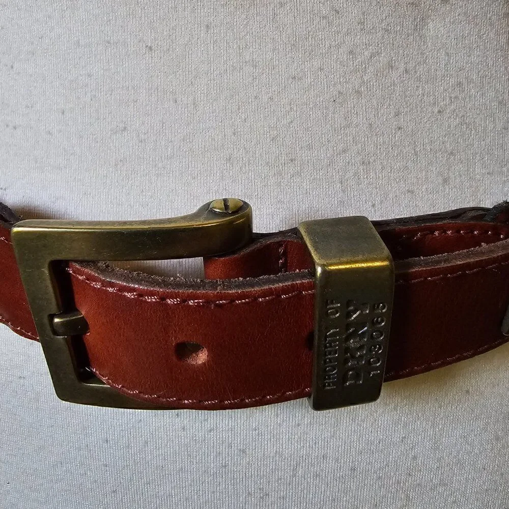EUC VINTAGE DKNY 103065 BROWN GENUINE LEATHER BRAIDED STAMPED BRASS BELT L WMNS